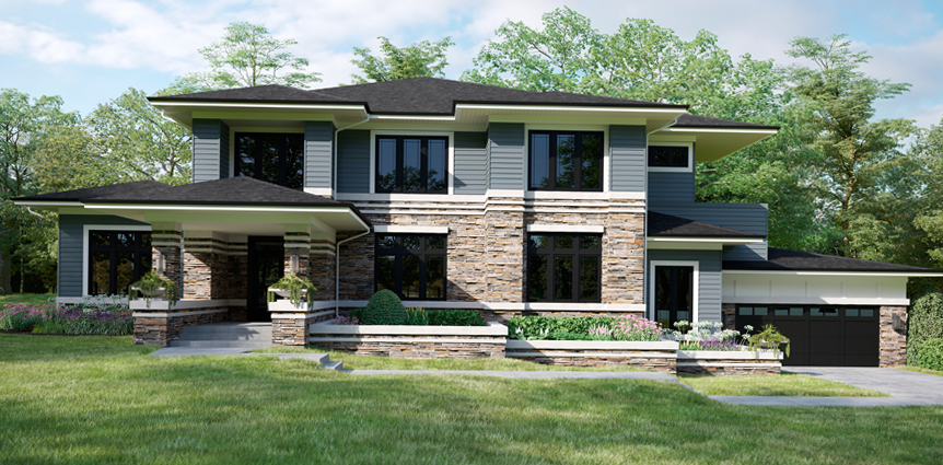 5500 black exterior casement windows with Prairie grilles on a Mid Century Modern home