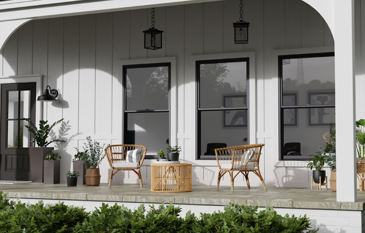 5500 black exterior windows on farmhouse porch