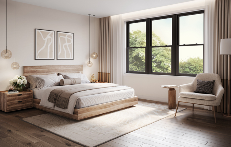 Bedroom Interior with 5500 Black Laminate Triple Double Hung Window